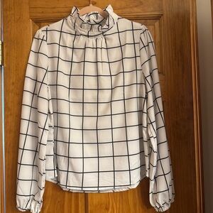 Women's White Grid Print Ruffled Neck Blouse